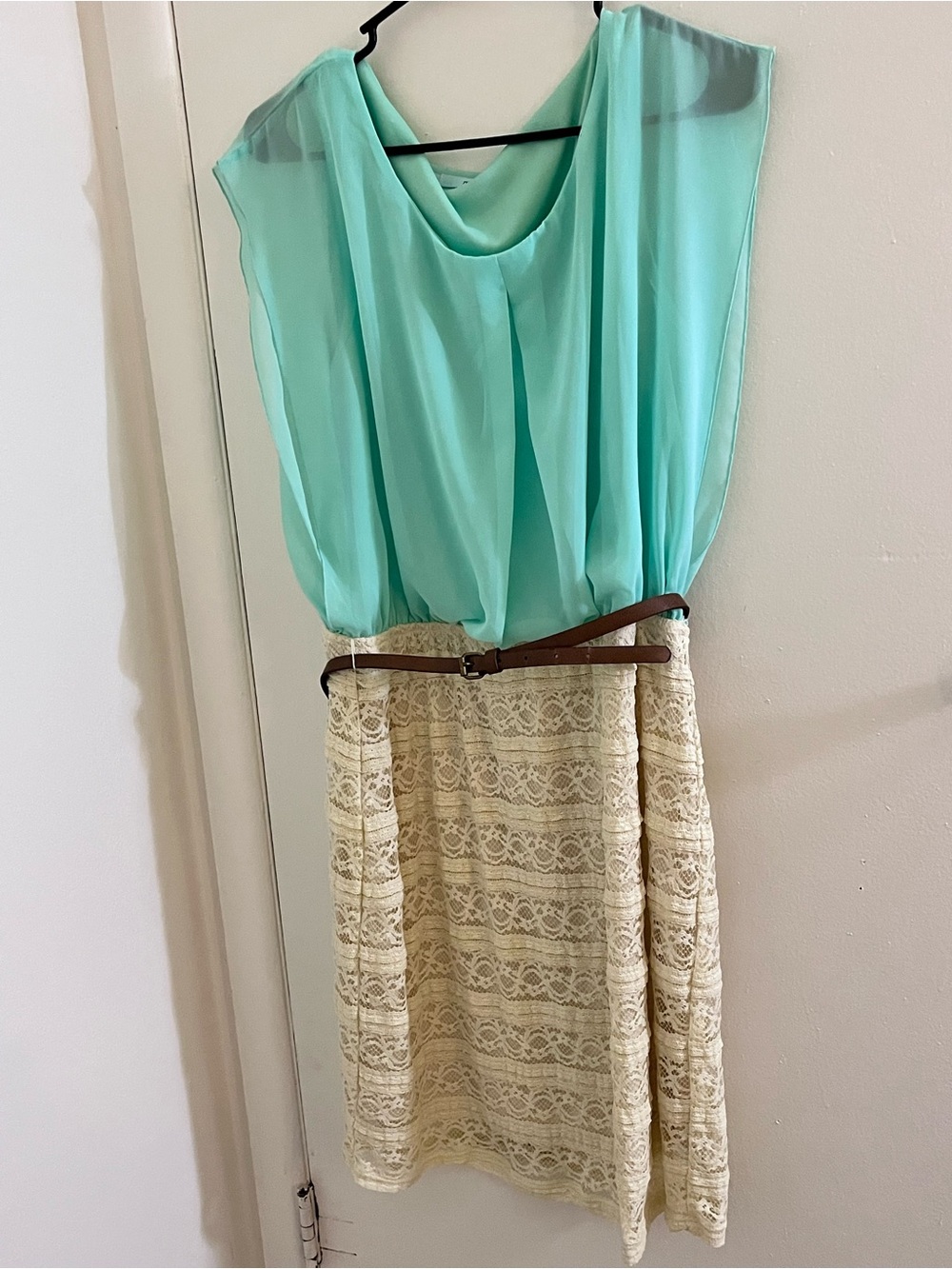 Maurices Mint Green Chiffon Lace Belted Dress Floral Pencil Skirt L
